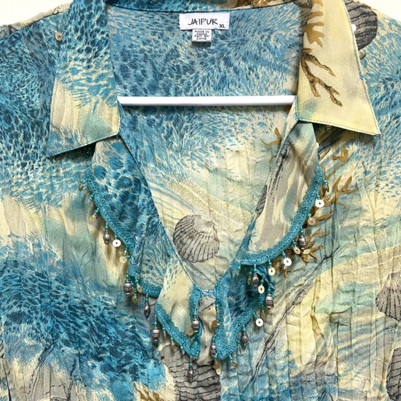 Boho Beaded Floral Top XL Blue Yellow Crinkle Blouse - Picture 3 of 13